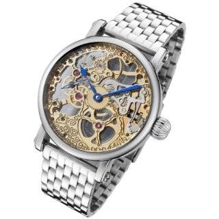  Rougois Hand Wind Gold Tone Skeleton Watch w/Blue Hands 