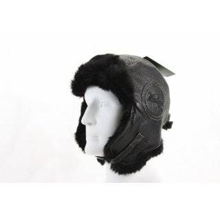  Vintage Leather Aviator Hat with Rabbit Fur Trim Clothing