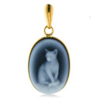 14K Yellow Gold Blue Agate Cat Cameo Pendant Jewelry 