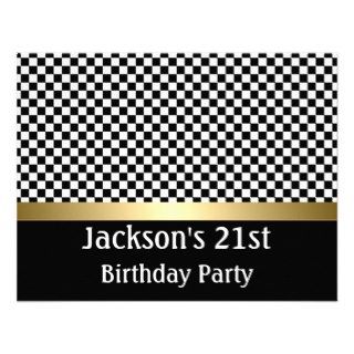 Birthday Party Gold Black & White Check Pattern Custom Invites