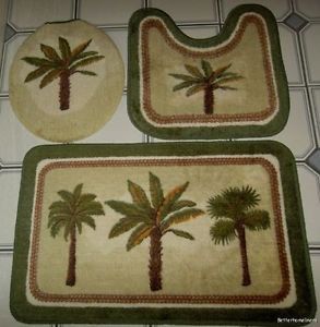 3 Pcs Palm Tree Bathroom Set Bath Contour Rug Toilet Lid Cover Mat Carpet