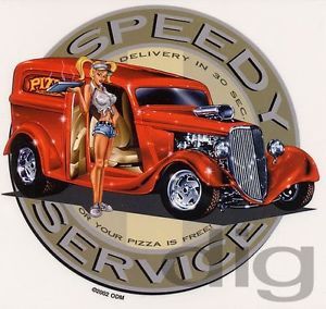 Hot Pizza Delivery Girl in 1930's Panel Wagon Hot Rod Sticker Decal