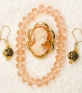 Vintage Jewelry Set Bracelet Earrings Bracelet Pin Brooch Cameo Coral Color