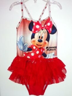 Official Disney Minnie Mouse Red Polka Dot 3 Tier Ruffle One Piece Swimsuit 3T