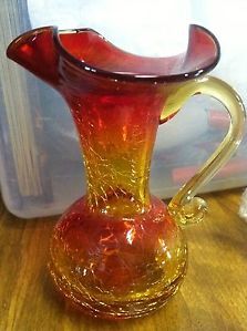 Blenko Mid Century Amberina Red Crackle Blown Glass Small Pitcher Decanter