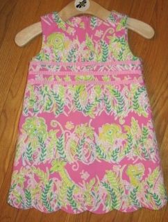 Lilly Pulitzer Pink Green White Animal Print Shift Dress 3T w Scalloped Hem