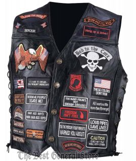 Mens Leather Motorcycle Vest with 41 Patches Lace Biker Patch Lace Up Sides New