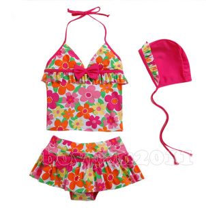 Lovely Kids Girls Flower Swimwear Swimsuit Top Tutu Skirt Cap Set Ages 3 8Y