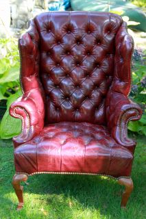 Pair of Vintage Leather Tufted Wing Chairs Burgundy