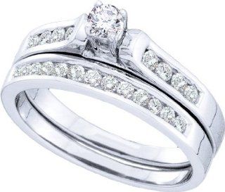 0.50 Carat (ctw) 14K White Gold Round Diamond Ladies Solitaire with Accents Bridal Engagement Ring Matching Band Set With Round Center 1/2 CT: Jewelry
