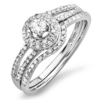 0.48 Carat (ctw) 14k White Gold Round Cut Diamond Ladies Bridal Split Shank Halo Style Engagement Ring Set With Matching Band 1/2 CT: Jewelry