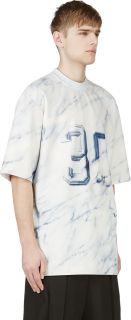 White & Blue Oversize Printed Neoprene T Shirt