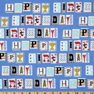 Happy Birthday with Balloons, Ribbons (Black Background) Fabric By the 